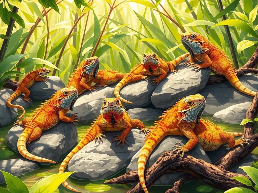 A diverse collection of bearded dragons with different morphs and colors, highlighting the wide selection available at Blazeagon Swamp Dragons.