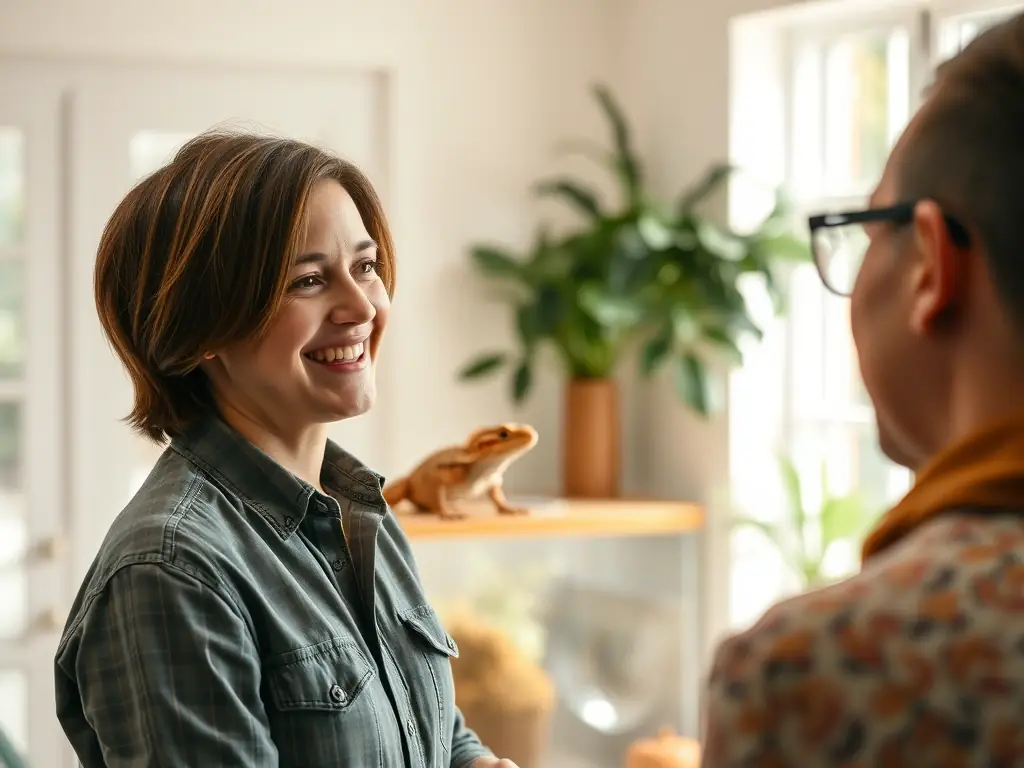 A friendly and knowledgeable breeder interacting with a customer, providing expert advice on bearded dragon care.