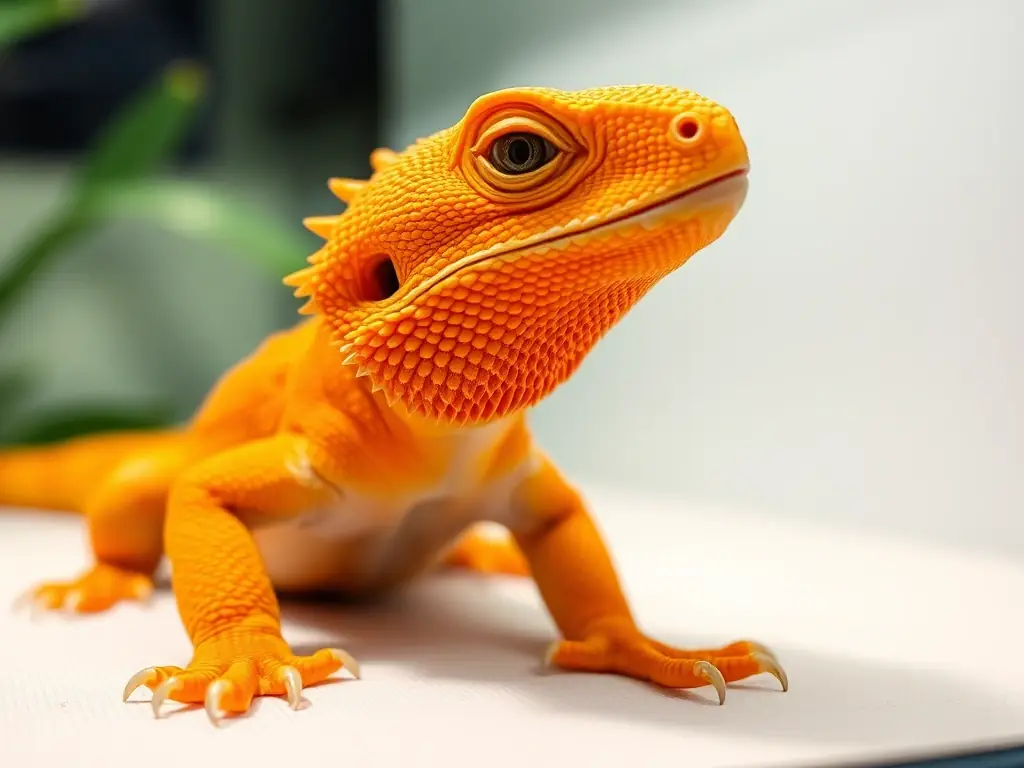 A close-up shot of a vibrant citrus-colored bearded dragon with bright orange scales, showcasing its unique morph and healthy appearance, intended to attract potential buyers.