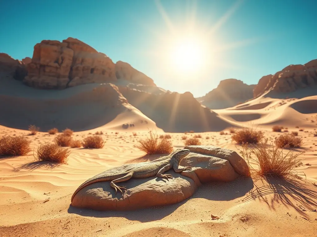 A photograph of a bearded dragon with a sandy coloration and pattern, blending seamlessly with a desert-like environment, highlighting its natural camouflage and unique appearance.